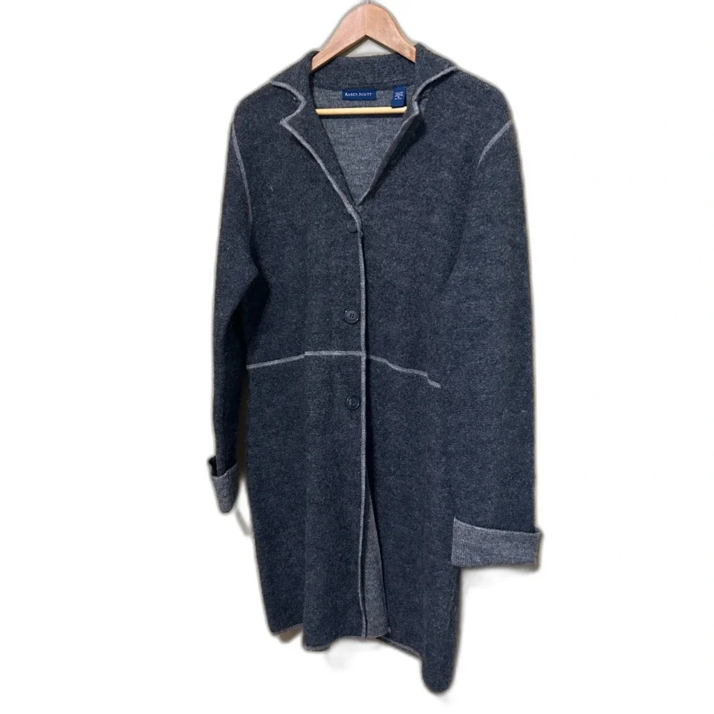 VTG Karen Scott Sweater Coat Coatigan Womens Medium Gray 100% Wool Long Line